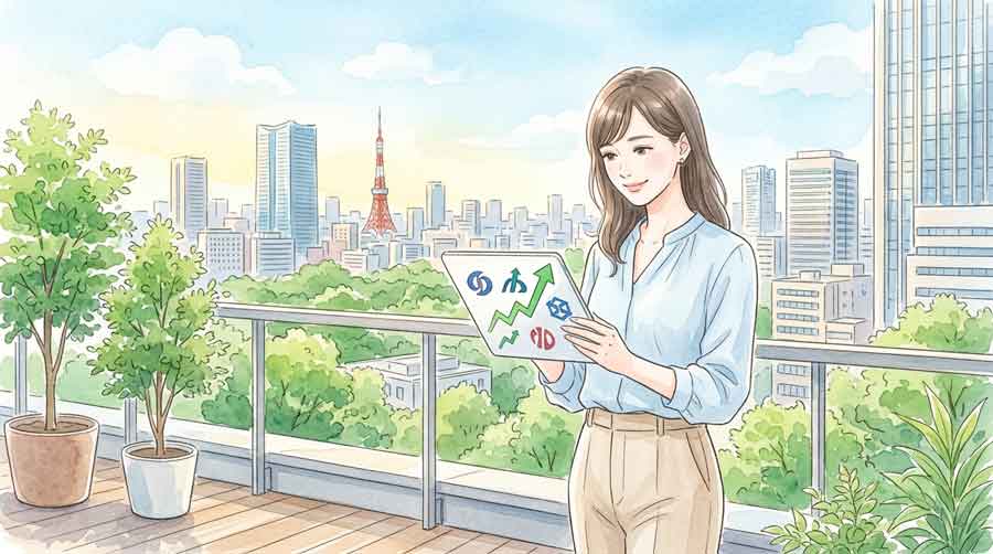 東京の都市風景を背景に日本株の関連銘柄について資料を読みながら考える女性のイラスト