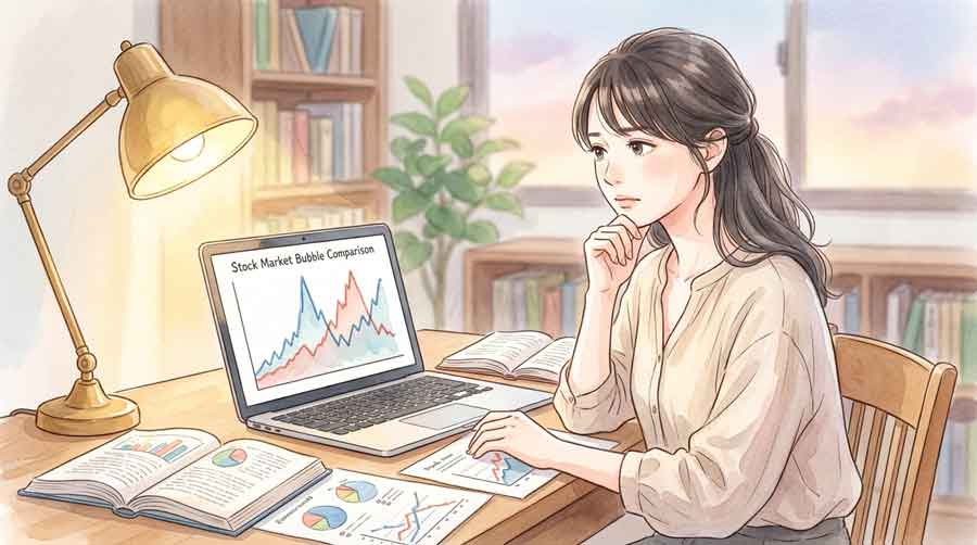 株価チャートの上昇曲線と経済指標を分析しながら考える知的な女性のイラスト
