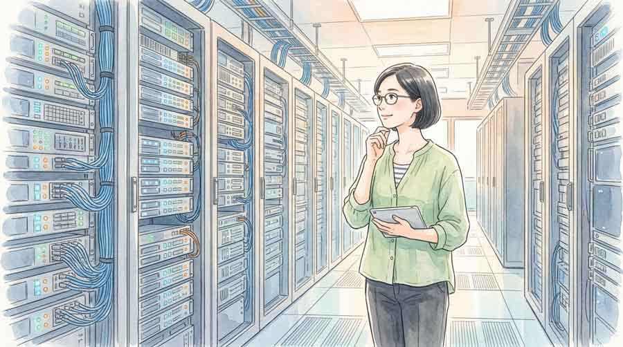 巨大なデータセンターと送電線・光ファイバーケーブルが張り巡らされた都市を見渡す女性のイラスト