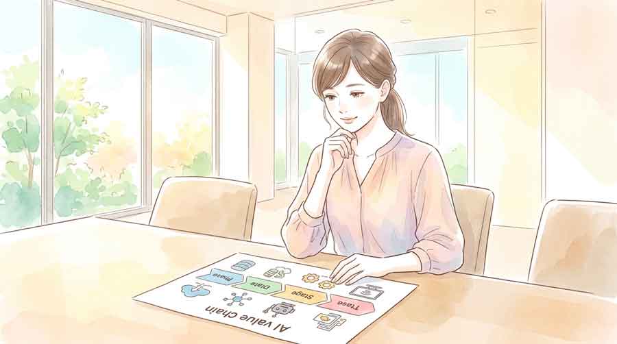 AIバリューチェーンの各段階を矢印で示した図解を読みながらメモを取る女性のイラスト