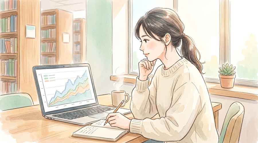 スクリーンに表示されたテック企業の時価総額推移グラフを真剣に読む女性のイラスト