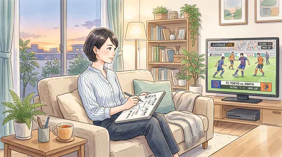 リビングでサッカー中継を見ながらメモを取る日本人女性