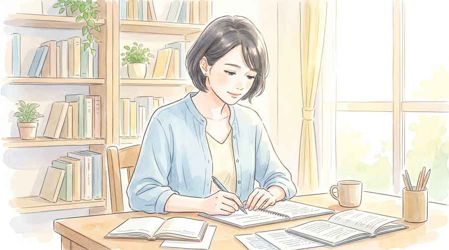 窓際でコーヒーを飲みながら静かに考える落ち着いた女性