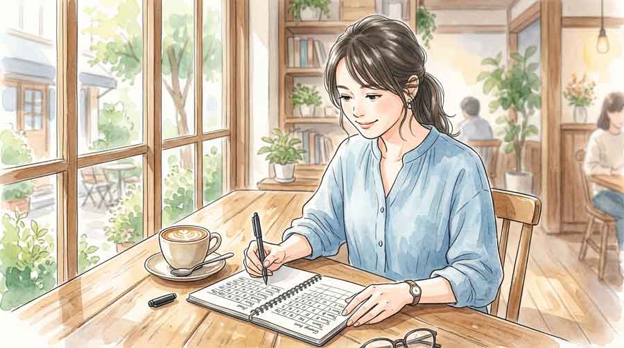 カフェのテーブルでノートに順位表を書き込む知的な女性