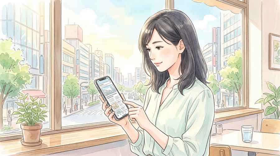 スマートフォンを手に持ちニュースを読む落ち着いた雰囲気の女性