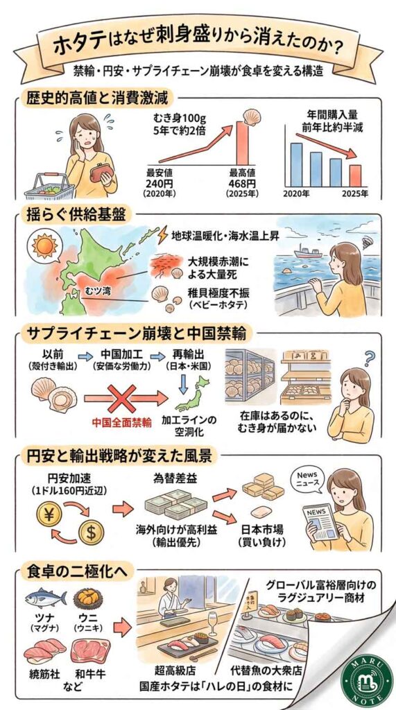 ホタテはなぜ刺身盛りから消えたのか？禁輸・円安・サプライチェーン崩壊が食卓を変える構造インフォグラフ