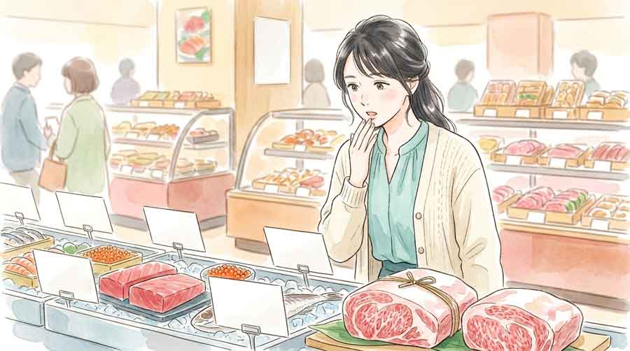 様々な高級食材の値札を見比べながら立ち止まる女性のイラスト