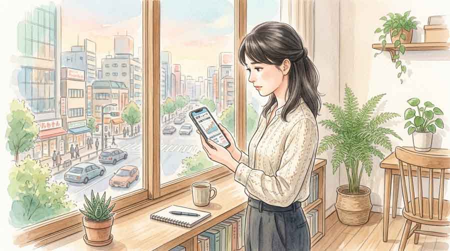 経済ニュースをスマートフォンで確認しながら考える女性のイラスト