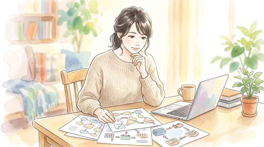 サプライチェーンの図解資料を読みながら考え込む女性のイラスト