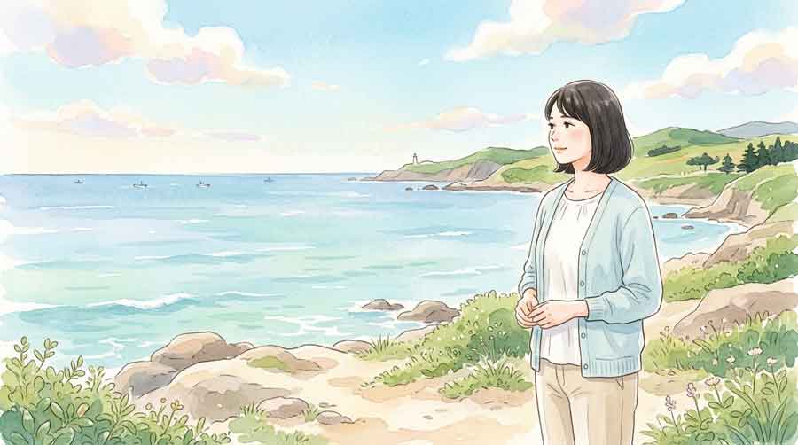 北海道のオホーツク海沿岸でホタテ漁の状況を眺める女性のイラスト