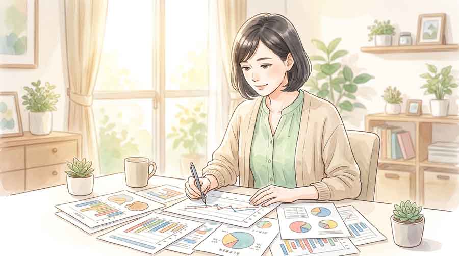 価格グラフや統計資料を確認する知的な雰囲気の女性のイラスト