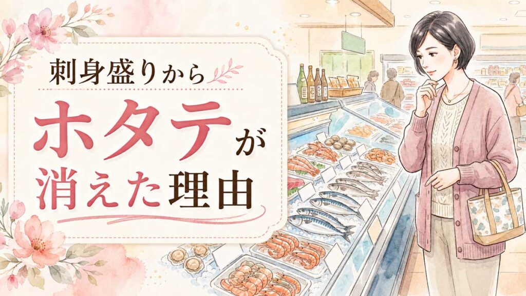 スーパーの鮮魚コーナーを見つめる落ち着いた表情の女性のイラスト