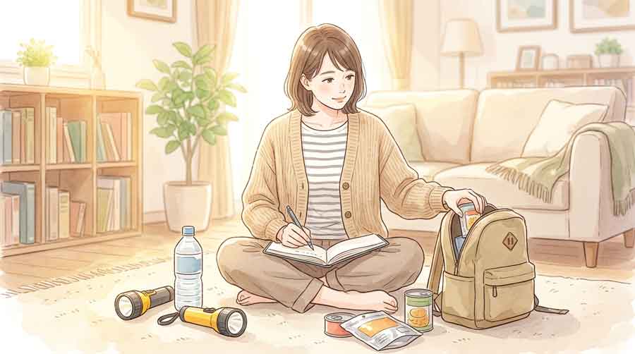 懐中電灯と非常食を確認しながら手帳にメモを取る女性