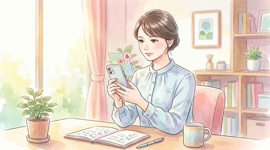 スマートフォンのJアラート通知を落ち着いて確認する女性