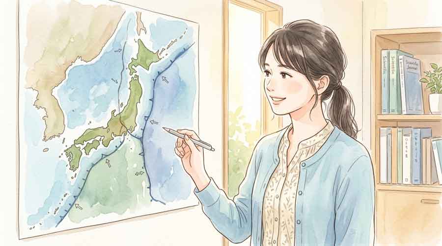 地球のプレート構造の図解を見て理解する落ち着いた女性