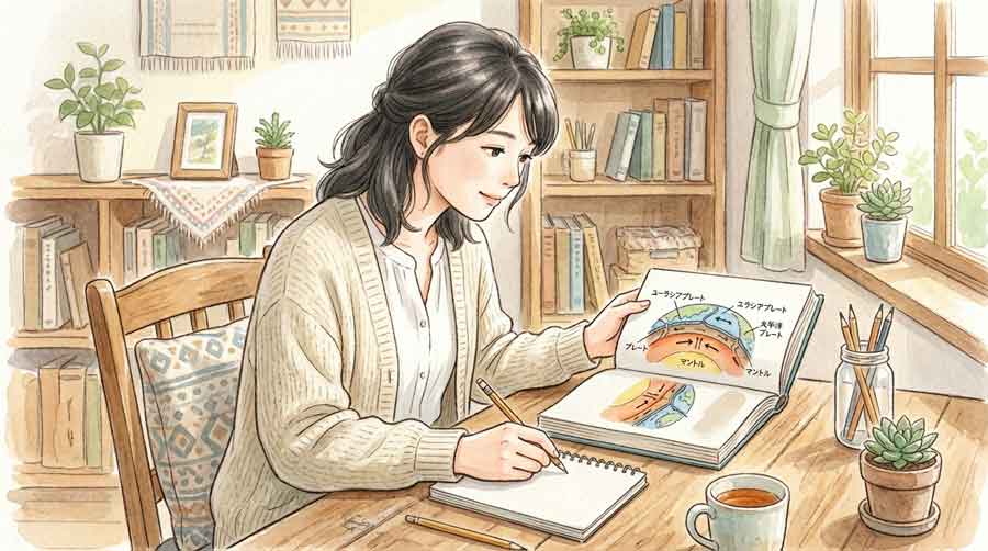 地震の仕組みを手帳に図解しながら考える女性