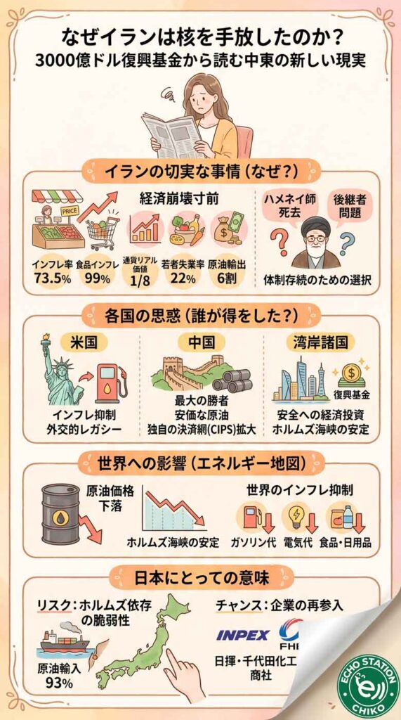 なぜイランは核を手放したのか?3000億ドル復興基金から読む中東の新しい現実インフォグラフ