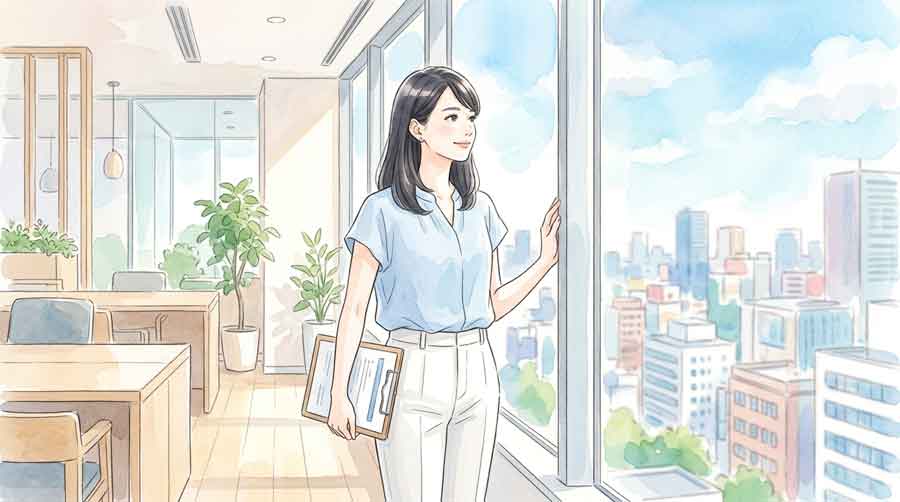 日本の産業と経済の未来を考える知的な女性