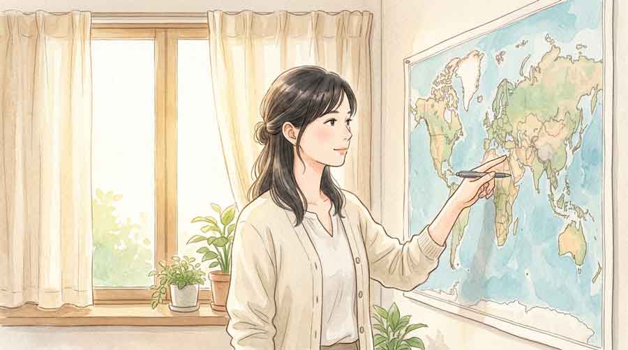 世界地図と経済指標を見ながら分析する女性