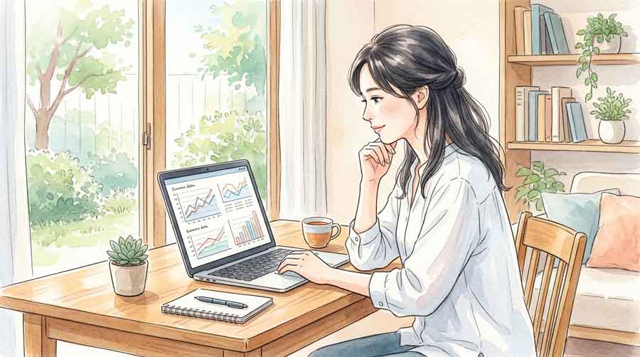 経済データのグラフを見つめる落ち着いた表情の女性