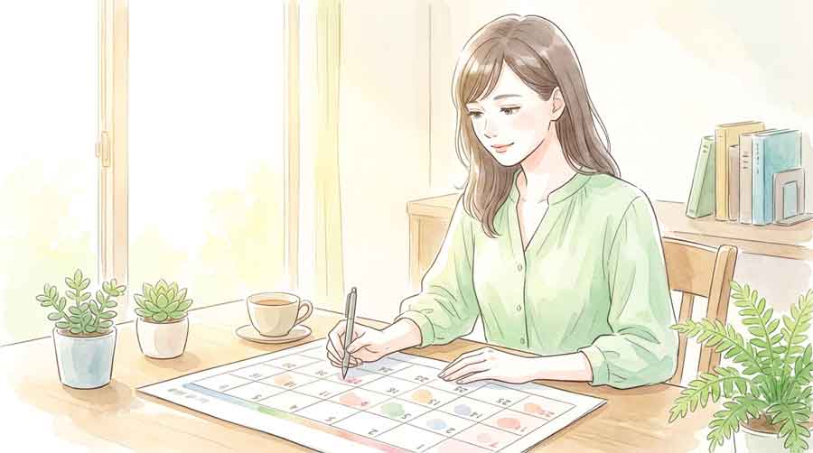 カレンダーを見ながら今後の予定を考える女性
