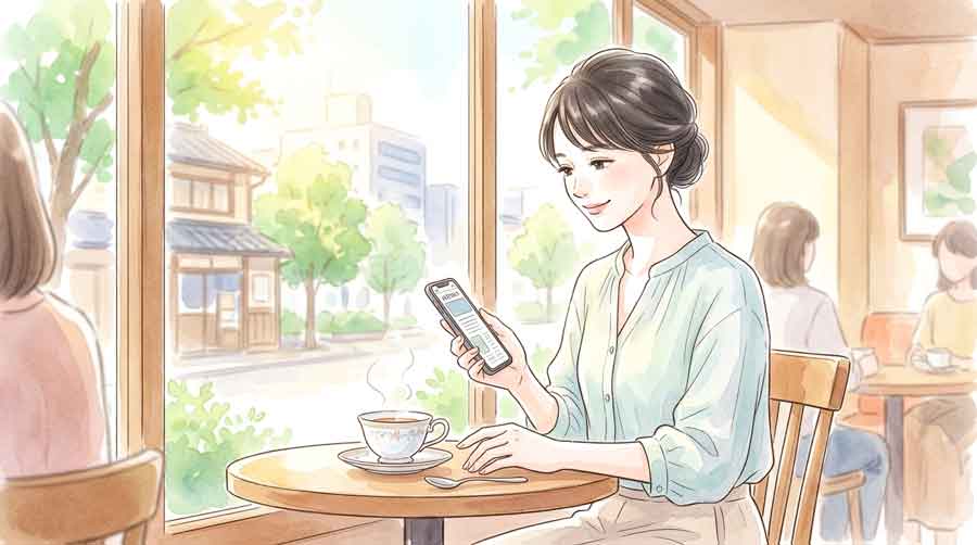 カフェでニュースサイトを見ながら微笑む女性