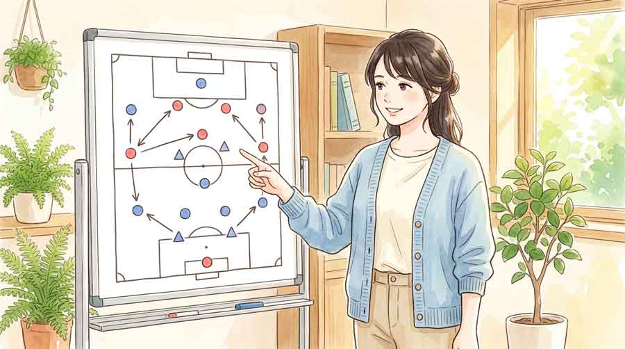 ホワイトボードに戦術図を書いて説明する女性
