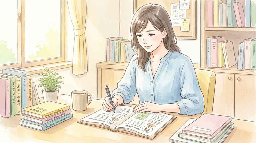 ノートに選手のプロフィールをまとめる知的な女性