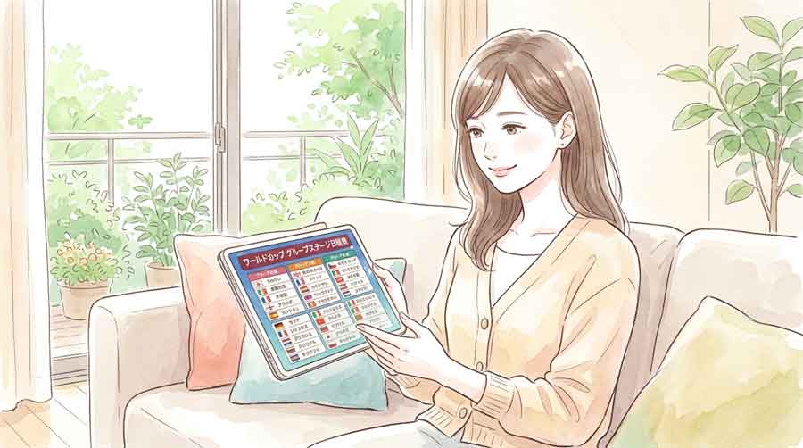 ソファでタブレットを見ながらW杯の組み合わせを確認する女性