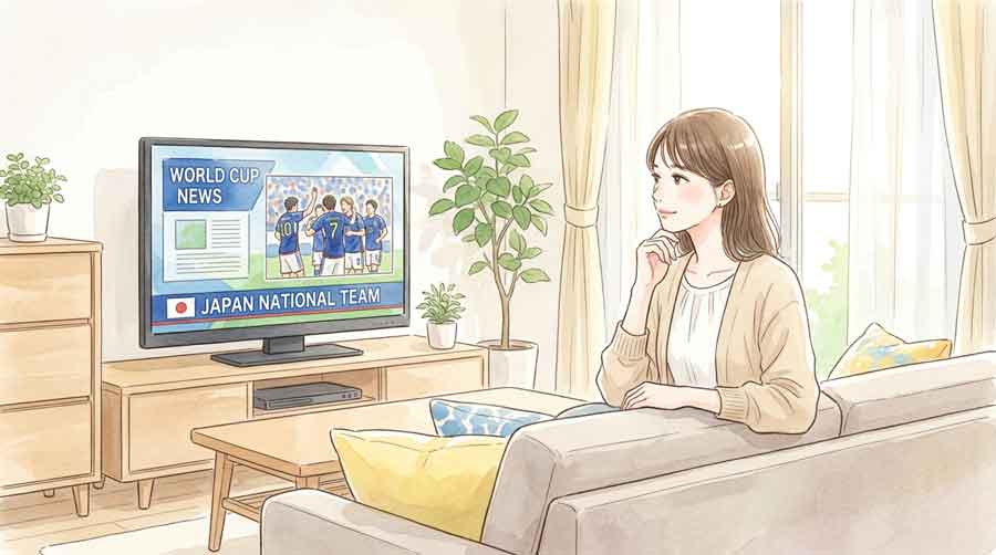 ニュース番組でW杯日本代表の特集を見つめる30代女性