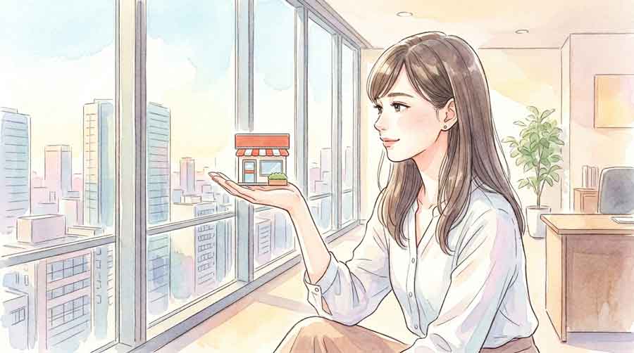 地方の小さな郵便局の建物を前に地域のインフラについて考えている女性