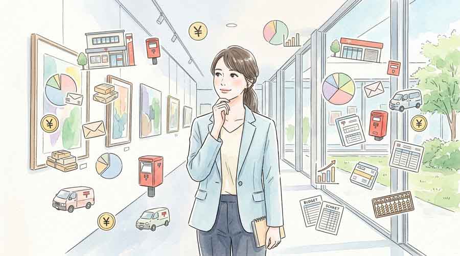 書斎で定額貯金と定期貯金の仕組みについてメモをとりながら考えている女性