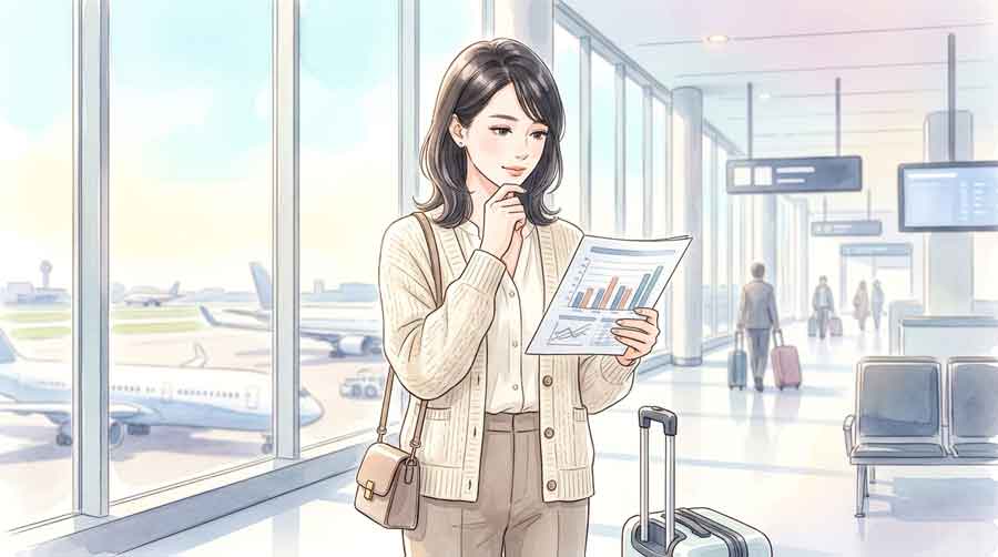 経済ニュースを読みながら金利の推移グラフを確認している知的な女性