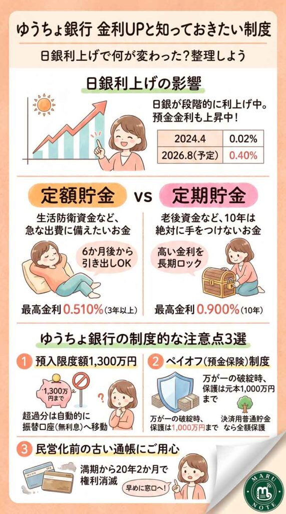 日銀の利上げでゆうちょ銀行の金利はどう変わった?1,300万円の壁と預金保険のしくみを整理インフォグラフ