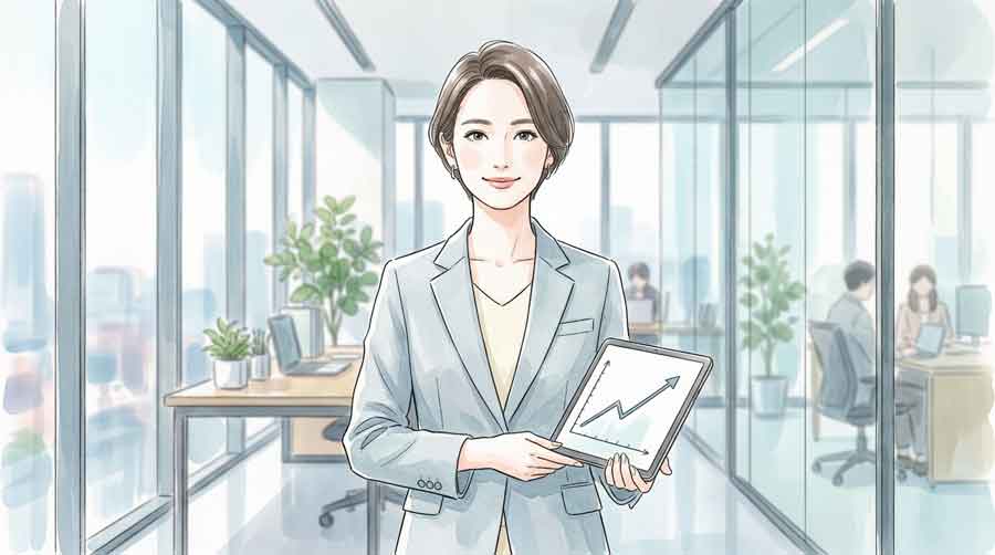 図書館でノートパソコンを開き金利に関する資料を調べている落ち着いた女性