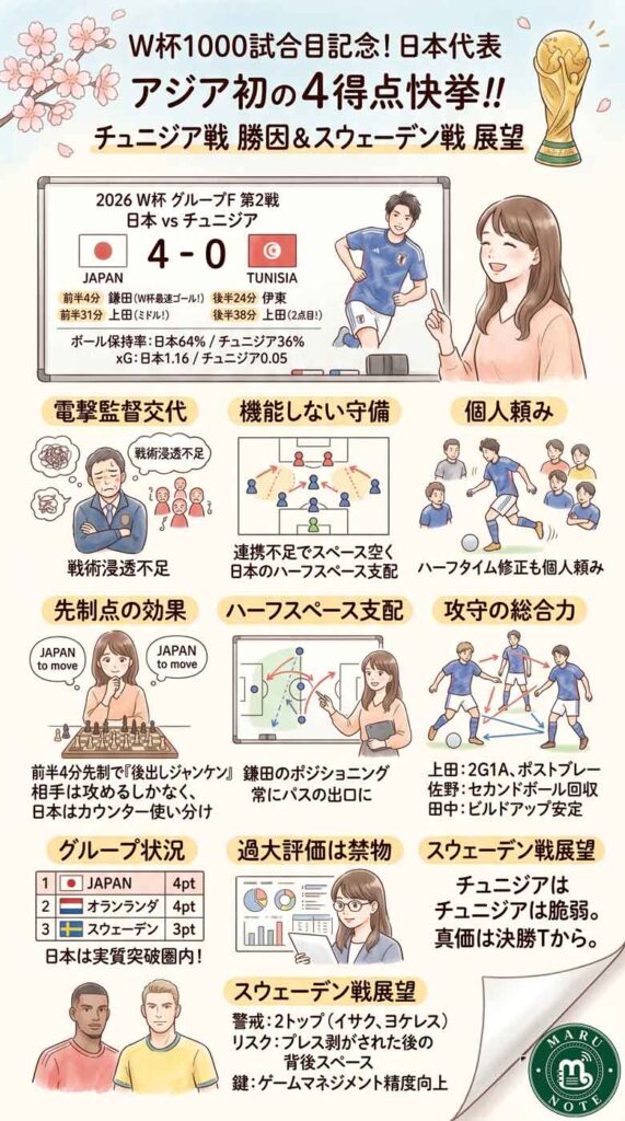 W杯史上1000試合目で日本がアジア初の4得点快挙！チュニジア戦の勝因と次戦スウェーデンへの展望インフォグラフ