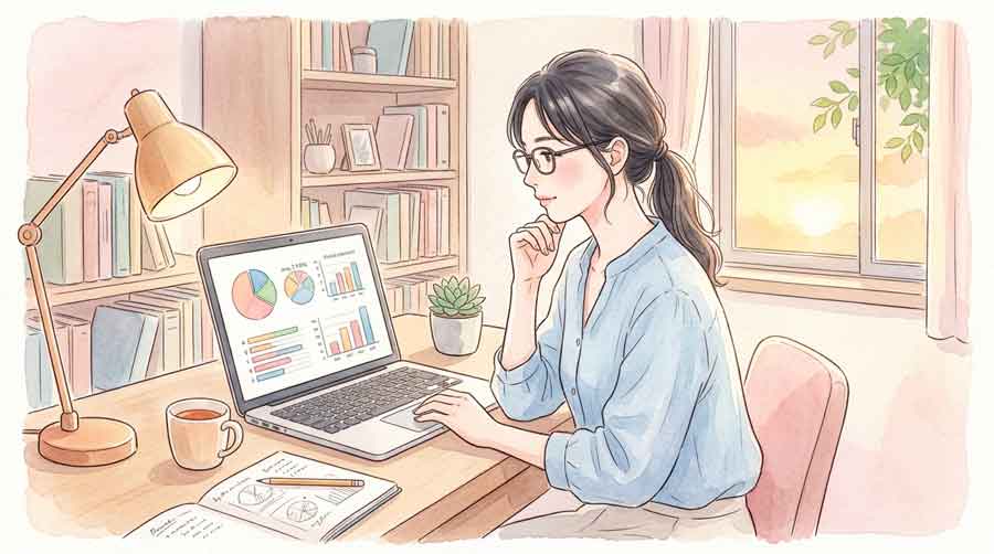 データや統計を分析する眼鏡をかけた知的な女性のイラスト