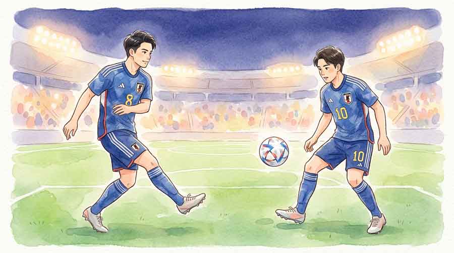 サッカーの試合でパスを連携して回す選手たちのイラスト