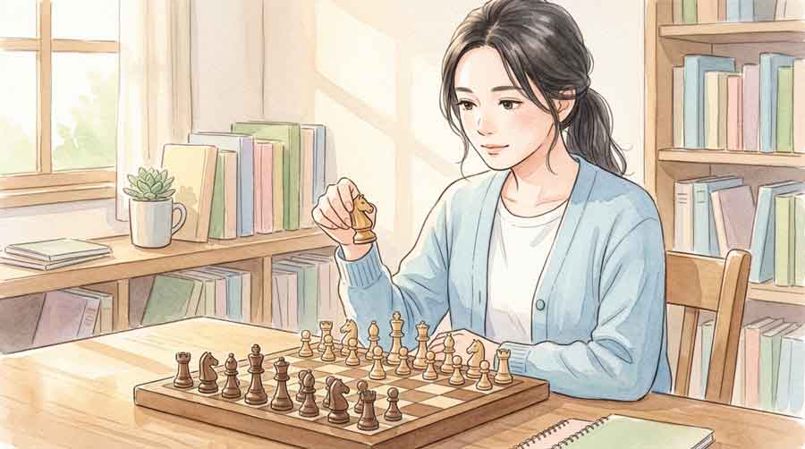 チェス盤を前に冷静に考える知的な女性のイラスト