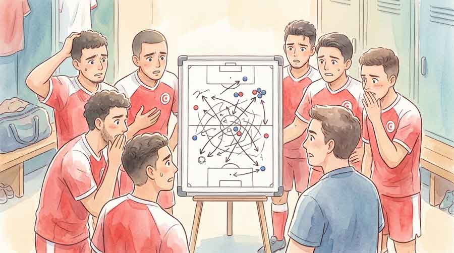  混乱した表情でミーティング中のサッカーチームのイラスト