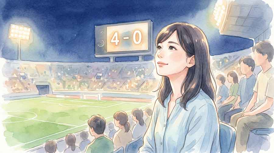 サッカースタジアムのスコアボードを眺める落ち着いた表情の女性のイラスト