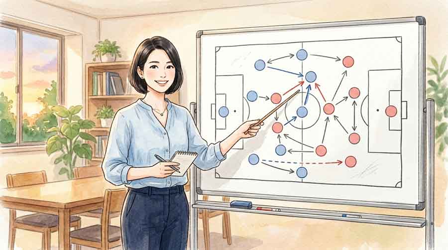 サッカーのフォーメーション図をホワイトボードで説明する知的な女性のイラスト