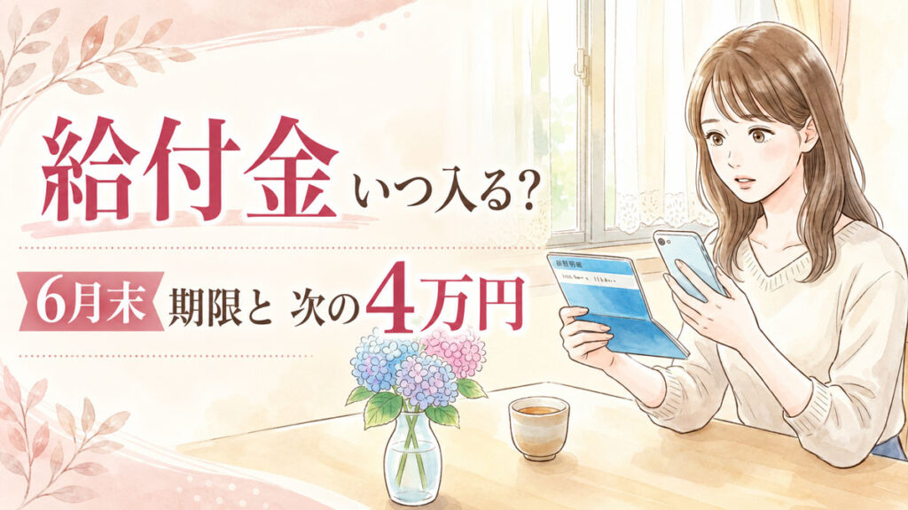初夏の自宅で通帳とスマートフォンを見ながら給付金の振込日を確認する女性