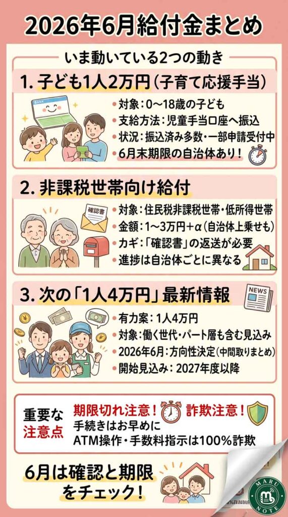 給付金はいつ振り込まれる？【2026年6月】子ども2万円・非課税世帯給付の振込日と次の「1人4万円」最新情報インフォグラフ
