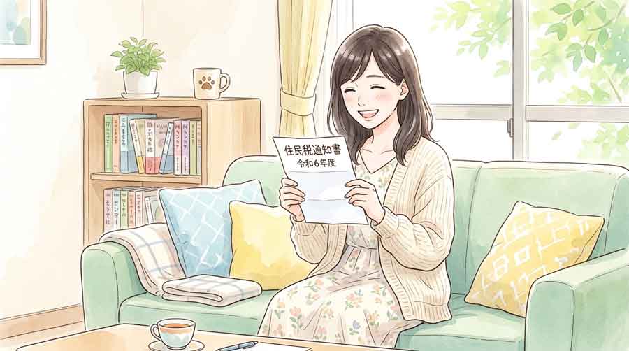  自宅に届いた住民税の通知書を確認してほっとした表情を浮かべる女性