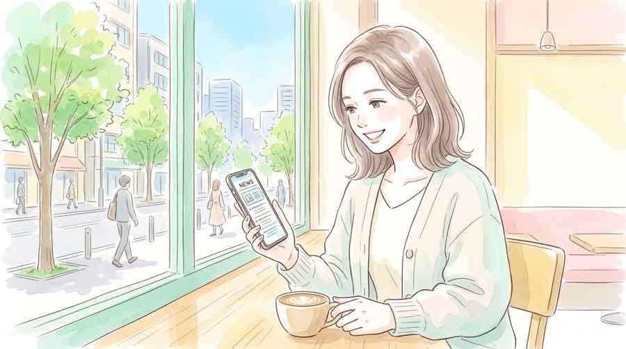 カフェでニュースを見ながら新しい給付制度に期待を寄せる女性
