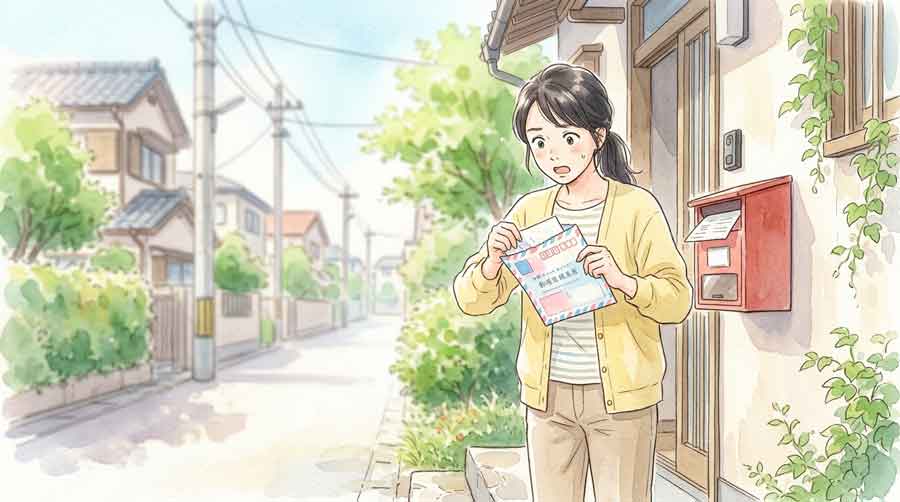 郵便受けから取り出した給付金の確認書封筒を急いで開封する女性