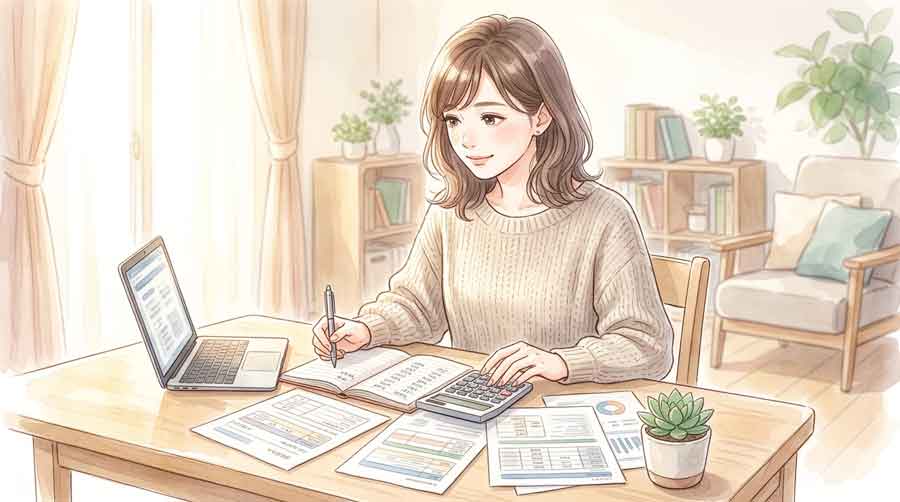 テーブルで電卓と資料を使い給付金の金額を整理する女性