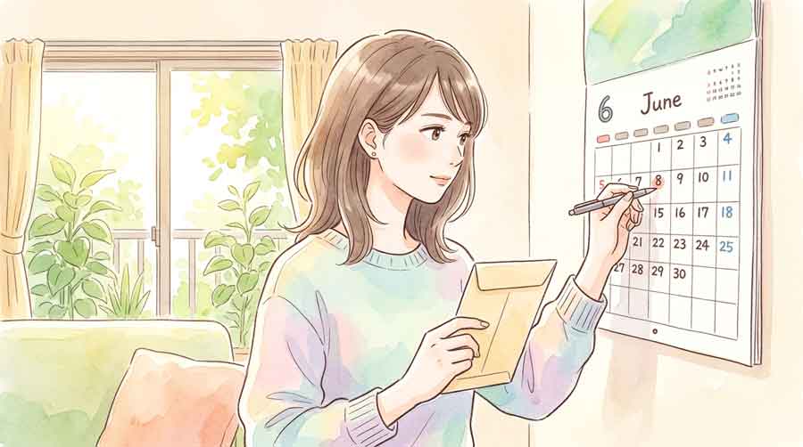 カレンダーと封筒を前に給付金の振込スケジュールを確認する女性