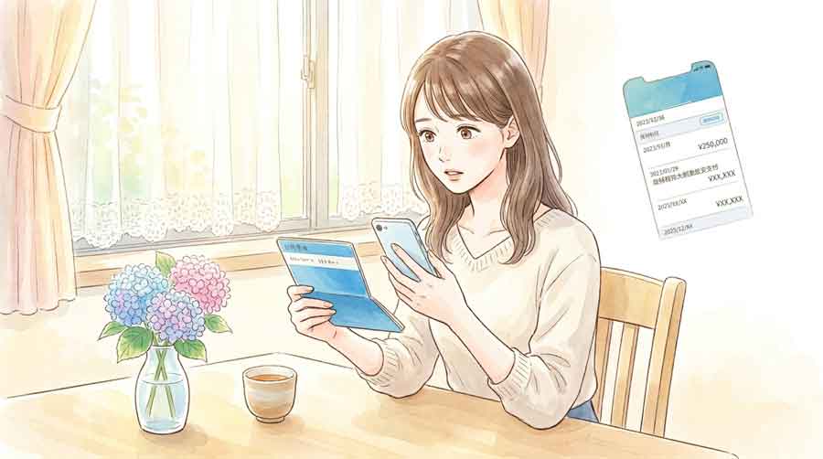 初夏の自宅で通帳とスマートフォンを見ながら給付金の振込日を確認する女性